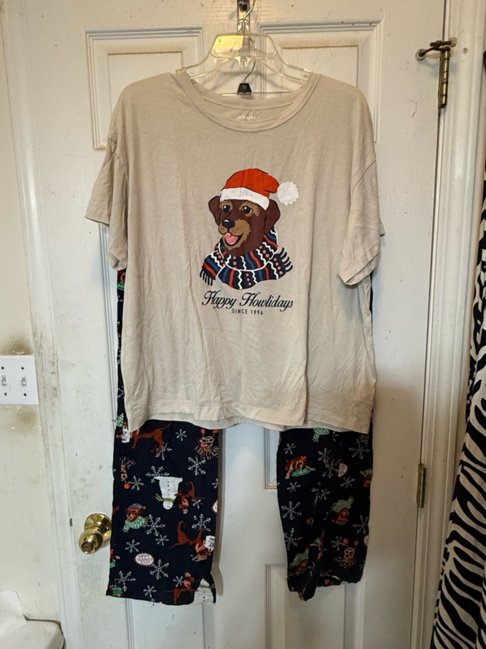 Old Navy Beige Top & Navy Holiday Bear Pajama Set